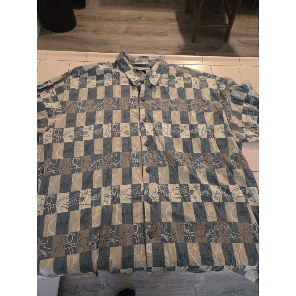 Harley Davidson Womens Top XL Brown Green Checked Short Sleeve All Over Print